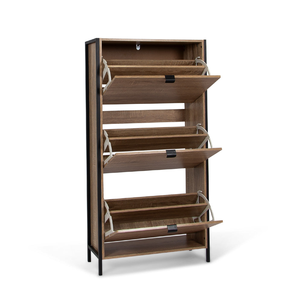 Houten Schoenenkast met 3 Deuren – Schoenenrek Hal Kast – 63x122 cm – Zwart Accenten