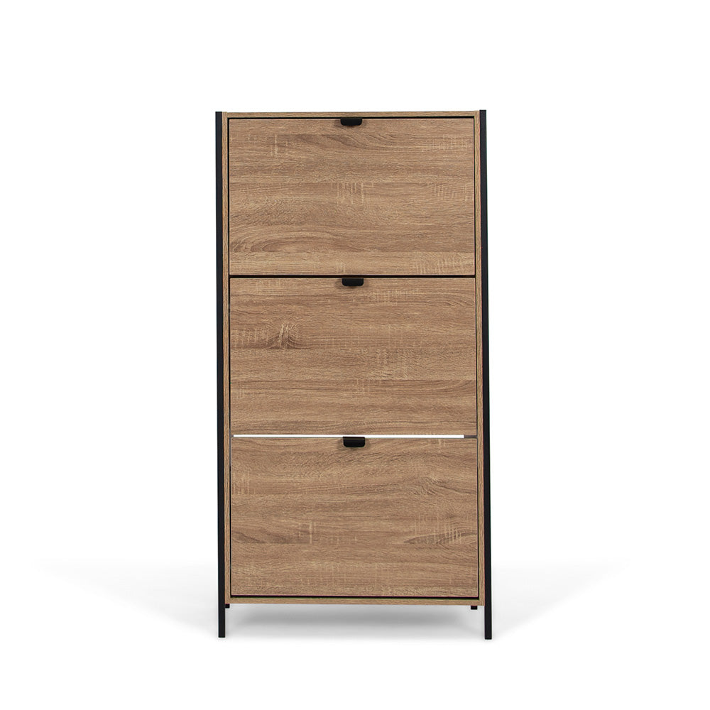Houten Schoenenkast met 3 Deuren – Schoenenrek Hal Kast – 63x122 cm – Zwart Accenten