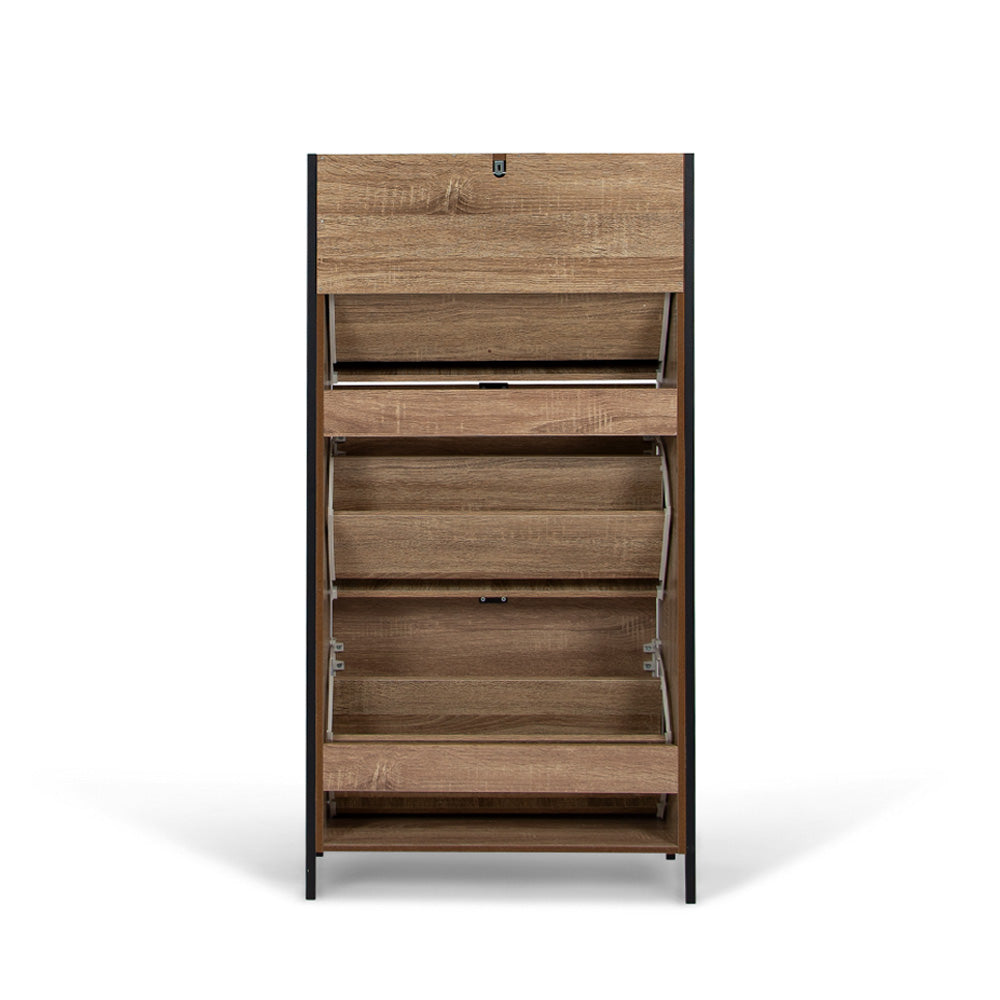 Houten Schoenenkast met 3 Deuren – Schoenenrek Hal Kast – 63x122 cm – Zwart Accenten