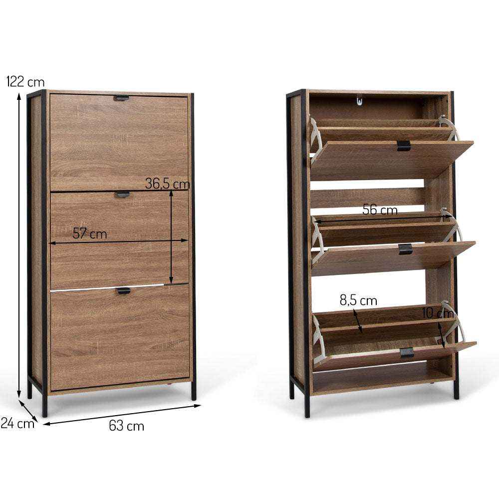 Houten Schoenenkast met 3 Deuren – Schoenenrek Hal Kast – 63x122 cm – Zwart Accenten