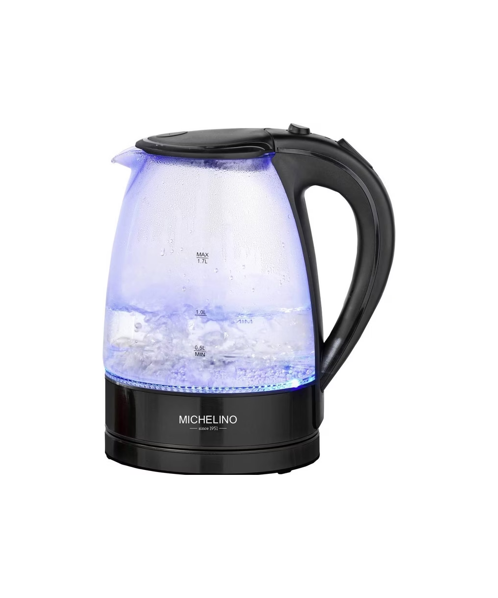 Michelino Glazen Waterkoker 1,7L Zwart – Blauwe LED Verlichting – 2200W – Anti-Kalkfilter & 360° Draaivoet