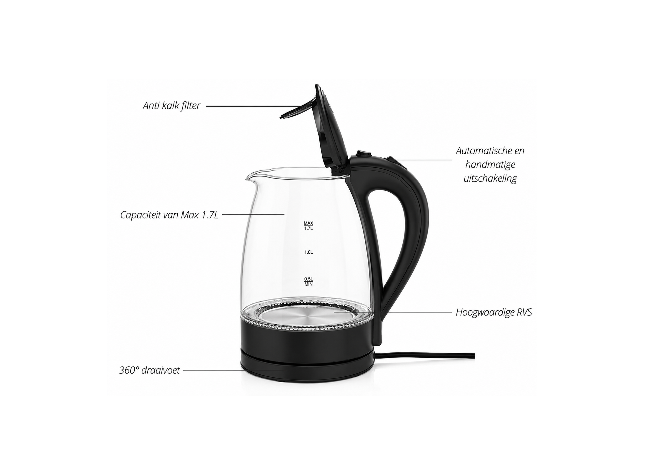 Michelino Glazen Waterkoker 1,7L Zwart – Blauwe LED Verlichting – 2200W – Anti-Kalkfilter & 360° Draaivoet