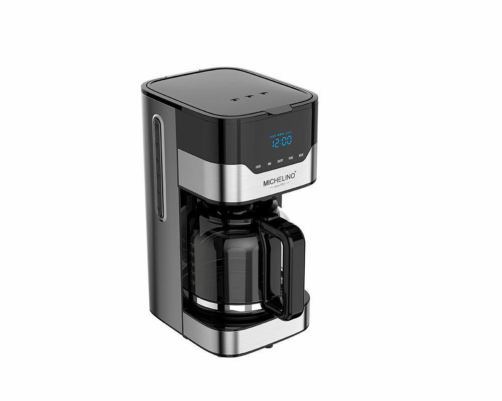 Michelino Koffiezetapparaat met Timer – 12 Kopjes – Glazen Kan – Druppel Koffiemachine – RVS/Zwart – Programmeerbaar