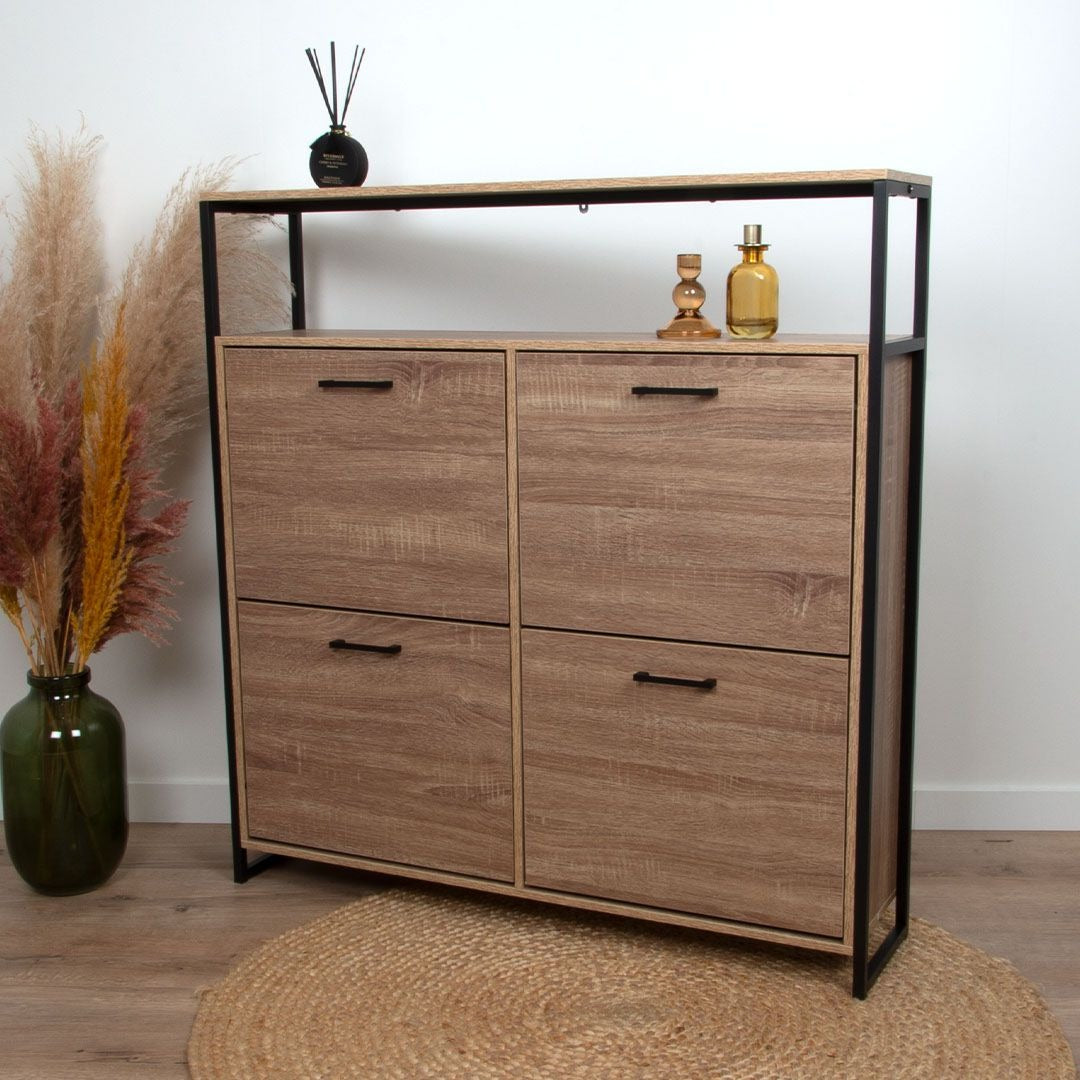 Hout‑Zwarte Schoenenkast 4‑Deurs – Industrieel Schoenenrek – 100x105 cm