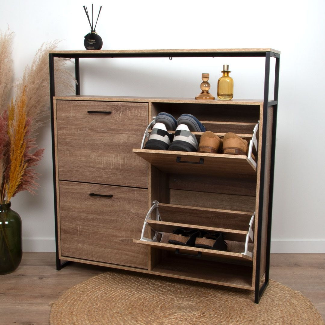 Hout‑Zwarte Schoenenkast 4‑Deurs – Industrieel Schoenenrek – 100x105 cm