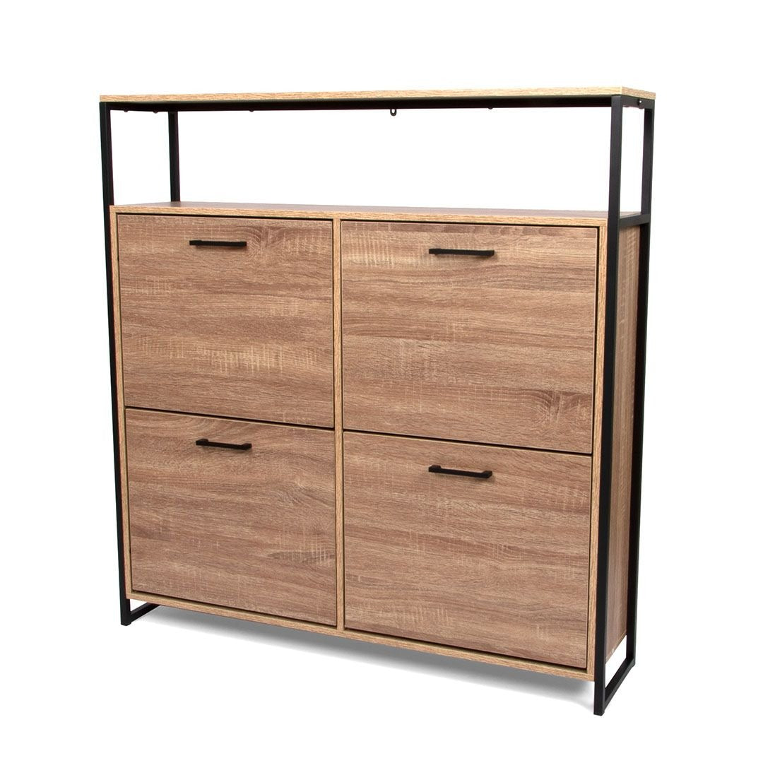 Hout‑Zwarte Schoenenkast 4‑Deurs – Industrieel Schoenenrek – 100x105 cm