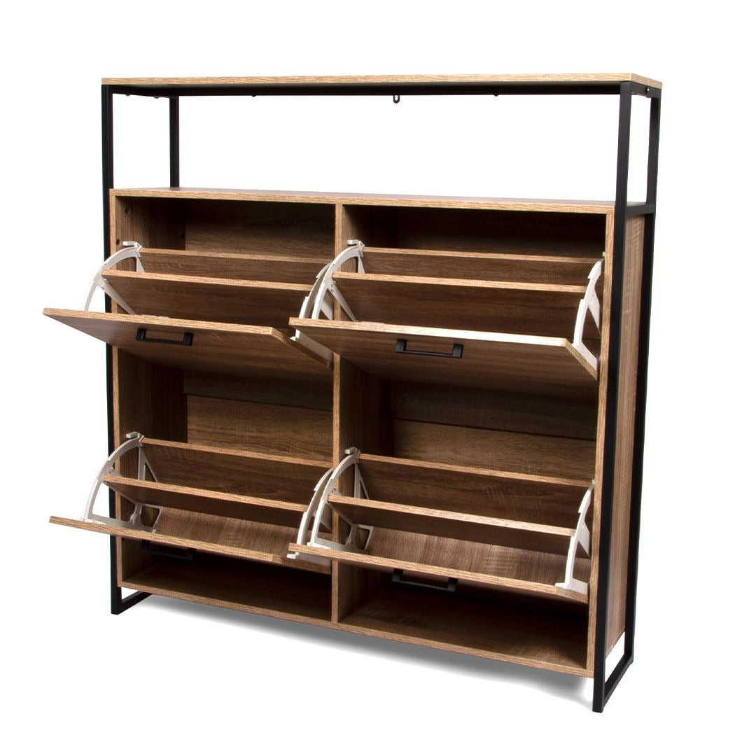 Hout‑Zwarte Schoenenkast 4‑Deurs – Industrieel Schoenenrek – 100x105 cm