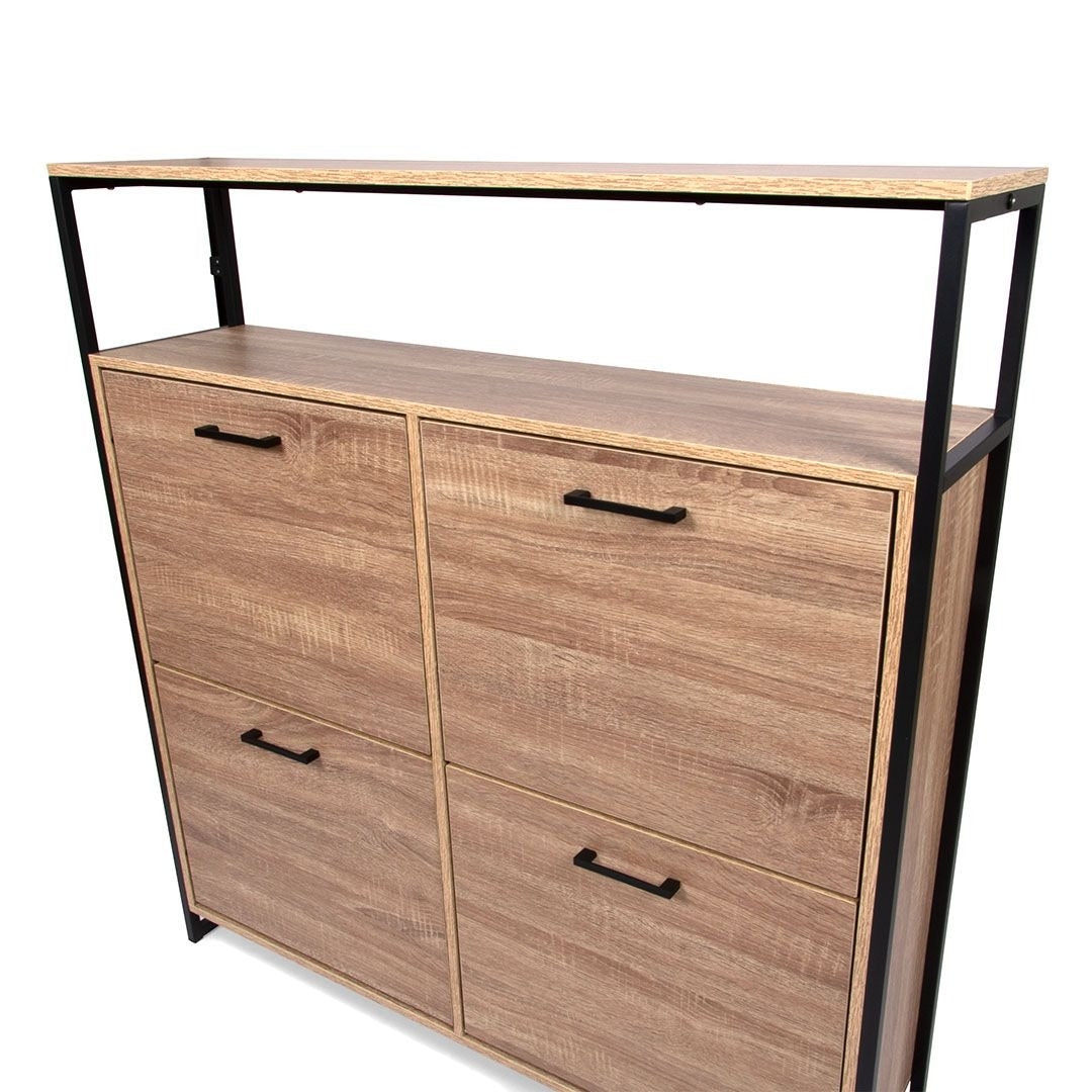 Hout‑Zwarte Schoenenkast 4‑Deurs – Industrieel Schoenenrek – 100x105 cm