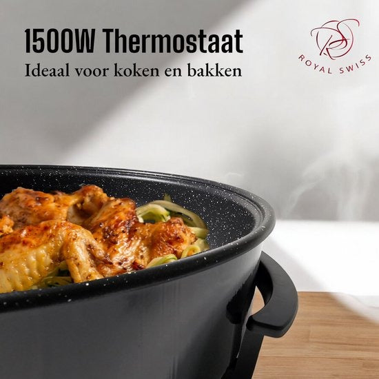Royal Swiss Elektrische Pizza pan Ø42 cm – 1500W – PFAS-vrij – Anti-aanbaklaag – Met Thermostaat & Deksel