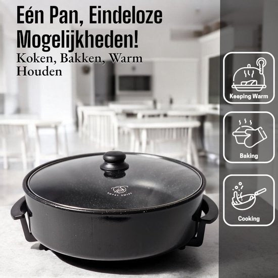 Royal Swiss Elektrische Pizza pan Ø42 cm – 1500W – PFAS-vrij – Anti-aanbaklaag – Met Thermostaat & Deksel
