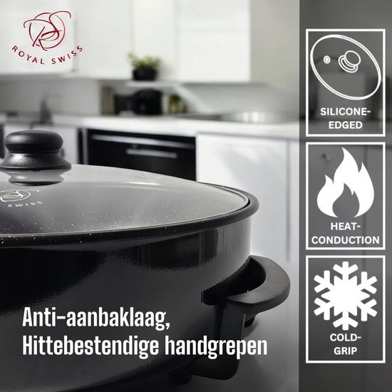 Royal Swiss Elektrische Pizza pan Ø42 cm – 1500W – PFAS-vrij – Anti-aanbaklaag – Met Thermostaat & Deksel
