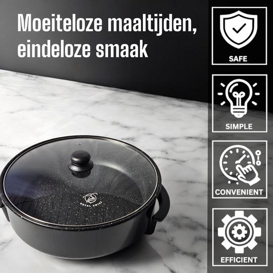 Royal Swiss Elektrische Pizza pan Ø42 cm – 1500W – PFAS-vrij – Anti-aanbaklaag – Met Thermostaat & Deksel