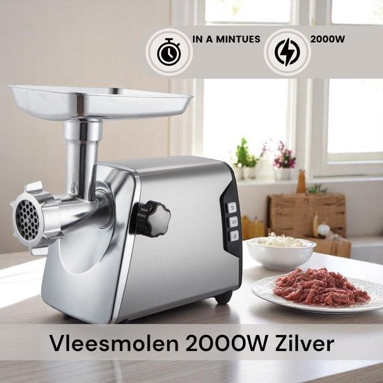 Royal Swiss Elektrische Vleesmolen 2000W – Gehaktmolen RVS – 2 Snelheden – Zilver