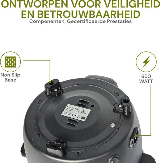 Royal Swiss® Rijstkoker – 1.8L – 650W – Glazen Deksel – Anti-aanbak Binnenpan – Inclusief Rijstlepel & Maatbeker - PFAS Vrij