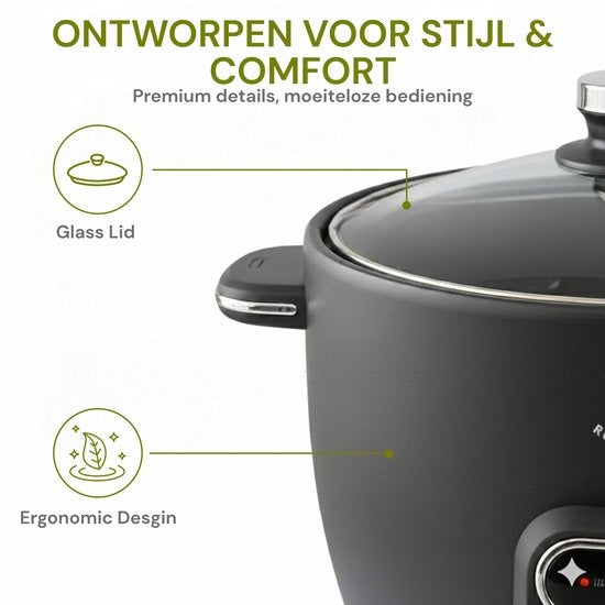 Royal Swiss® Rijstkoker – 1.8L – 650W – Glazen Deksel – Anti-aanbak Binnenpan – Inclusief Rijstlepel & Maatbeker - PFAS Vrij