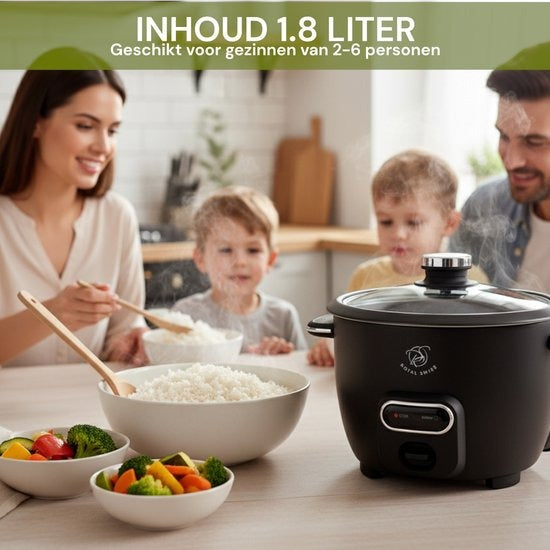 Royal Swiss® Rijstkoker – 1.8L – 650W – Glazen Deksel – Anti-aanbak Binnenpan – Inclusief Rijstlepel & Maatbeker - PFAS Vrij
