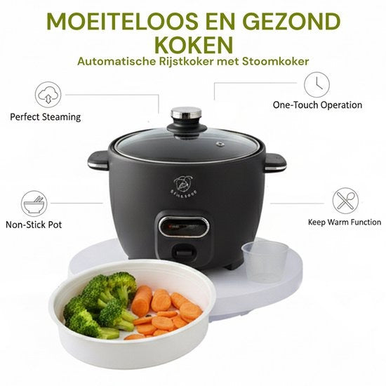 Royal Swiss® Rijstkoker – 1.8L – 650W – Glazen Deksel – Anti-aanbak Binnenpan – Inclusief Rijstlepel & Maatbeker - PFAS Vrij