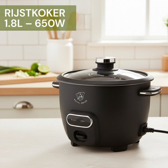 Royal Swiss® Rijstkoker – 1.8L – 650W – Glazen Deksel – Anti-aanbak Binnenpan – Inclusief Rijstlepel & Maatbeker - PFAS Vrij