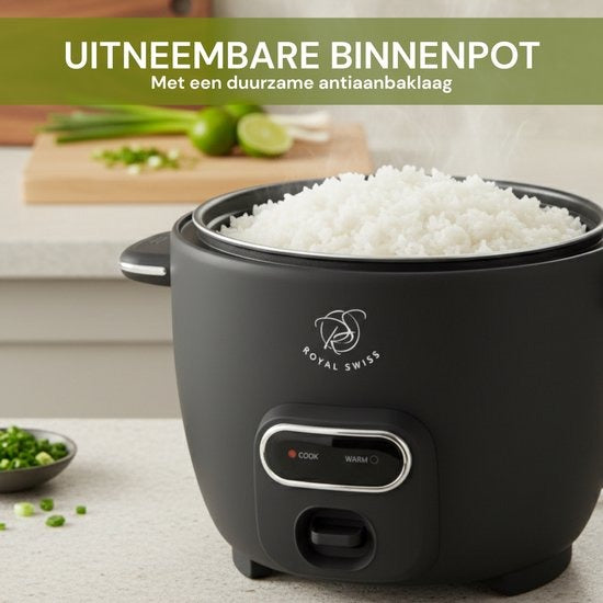 Royal Swiss® Rijstkoker – 1.8L – 650W – Glazen Deksel – Anti-aanbak Binnenpan – Inclusief Rijstlepel & Maatbeker - PFAS Vrij