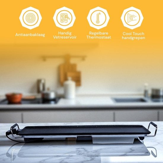 Royal Swiss Elektrische Grillplaat 2000W – Bakplaat 46×26 cm – Antiaanbaklaag – Met Thermostaat - PFAS Vrij