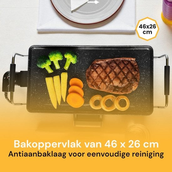 Royal Swiss Elektrische Grillplaat 2000W – Bakplaat 46×26 cm – Antiaanbaklaag – Met Thermostaat - PFAS Vrij