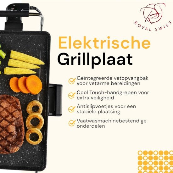 Royal Swiss Elektrische Grillplaat 2000W – Bakplaat 46×26 cm – Antiaanbaklaag – Met Thermostaat - PFAS Vrij