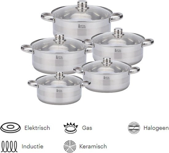 Royal Swiss Pannenset 10‑delig – RVS kookpannen – Inductie en alle warmtebronnen – Met deksels