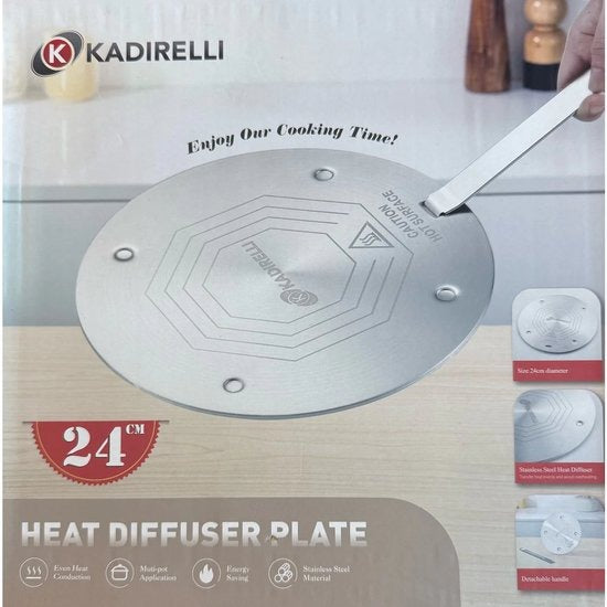 Kadirelli Inductie Adapterplaat - 24cm - Met Afneembaar Handvat - Geschikt voor Alle Pannen