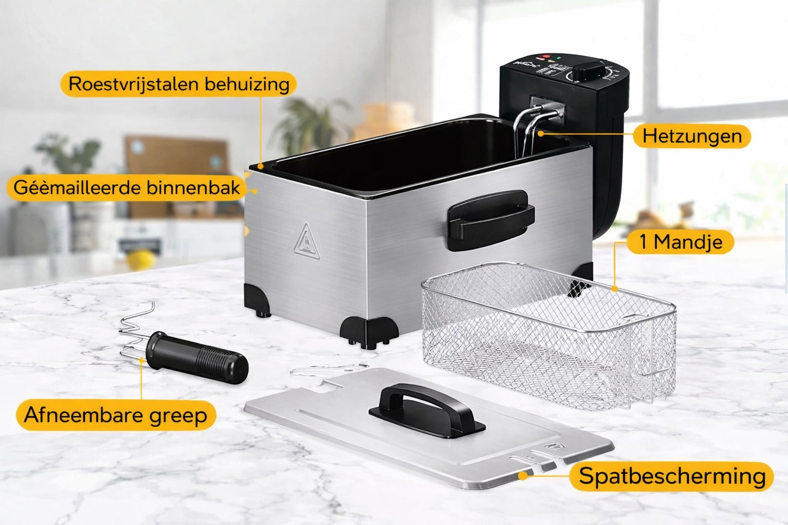 HOMELUX Elektrische Friteuse 3L – 2000W RVS Frituurpan met Temperatuurregelaar