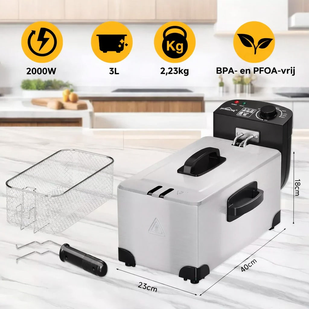 HOMELUX Elektrische Friteuse 3L – 2000W RVS Frituurpan met Temperatuurregelaar