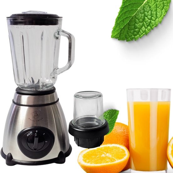 Royal Swiss Blender 1,5L Glazen Kan – 1030W Smoothie Maker met IJscrusher – RVS