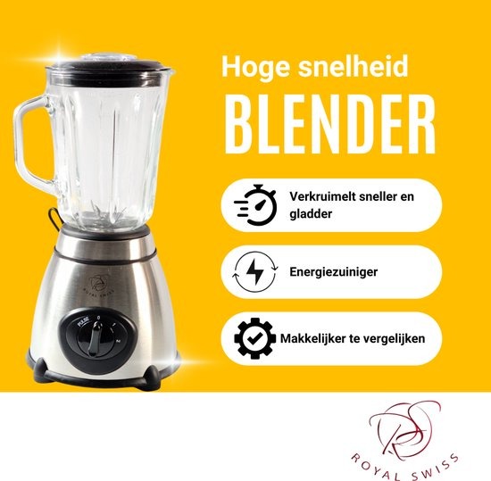 Royal Swiss Blender 1,5L Glazen Kan – 1030W Smoothie Maker met IJscrusher – RVS