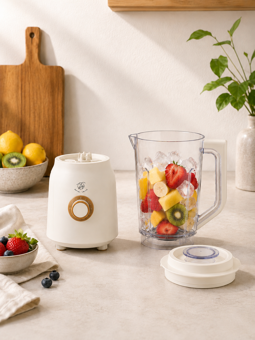 Royal Swiss Blender 600W Beige – Kunststof Blender met 2 Snelheden en Pulsefunctie – Voor Smoothies, Soepen en Sauzen
