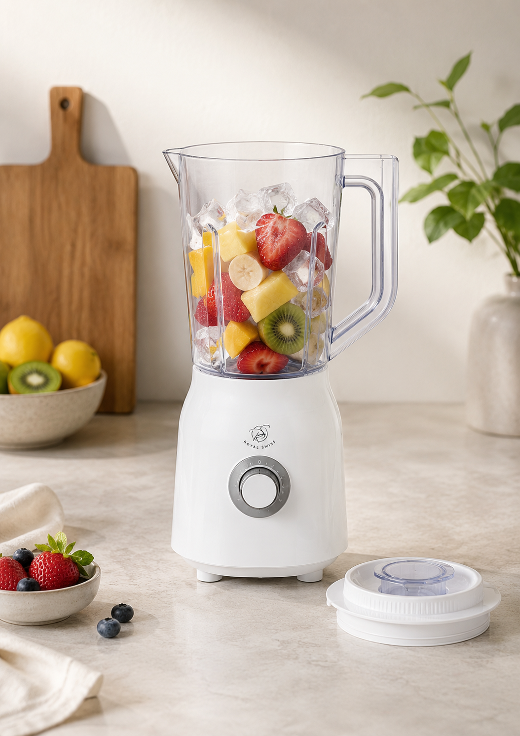 Royal Swiss Blender 600W Wit – Kunststof Blender met 2 Snelheden en Pulsefunctie – Voor Smoothies, Soepen en Sauzen
