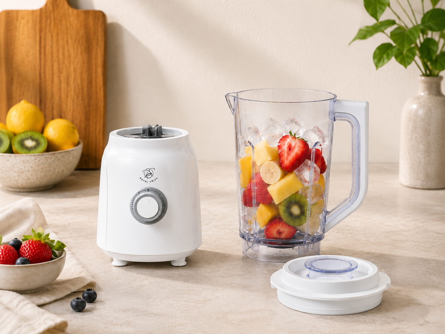 Royal Swiss Blender 600W Wit – Kunststof Blender met 2 Snelheden en Pulsefunctie – Voor Smoothies, Soepen en Sauzen