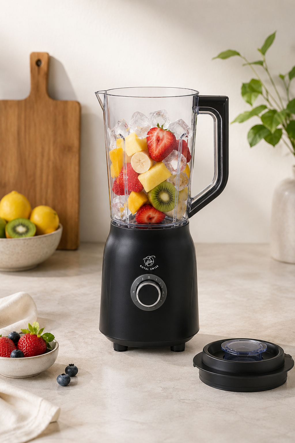 Royal Swiss Blender 600W Zwart – Kunststof Blender met 2 Snelheden en Pulsefunctie – Voor Smoothies, Soepen en Sauzen