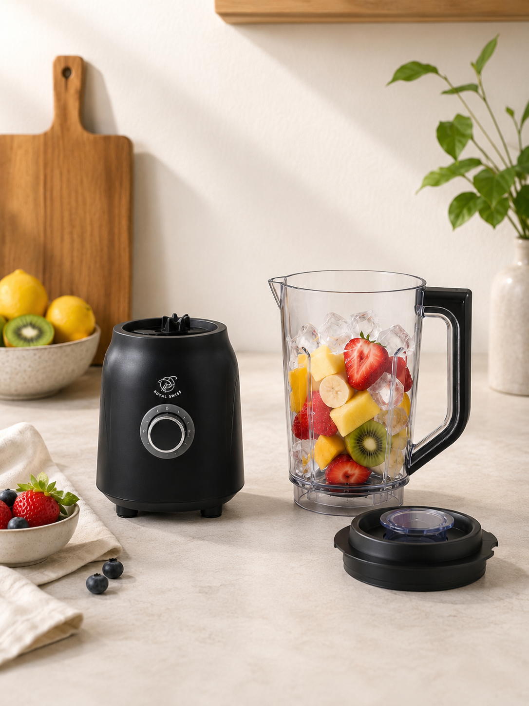 Royal Swiss Blender 600W Zwart – Kunststof Blender met 2 Snelheden en Pulsefunctie – Voor Smoothies, Soepen en Sauzen
