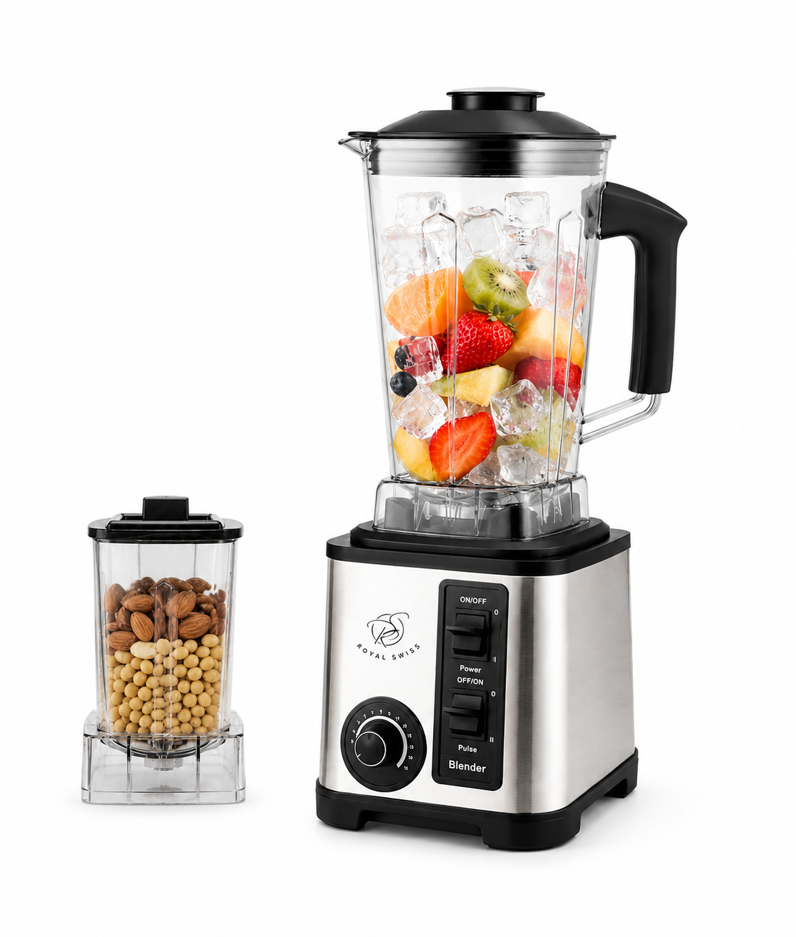 Royal Swiss Blender & Grinder 2000W – Professionele Power Blender met Grinder – 2.0L Glazen Kan – RVS Behuizing – Smoothies, IJs, Noten & Kruiden