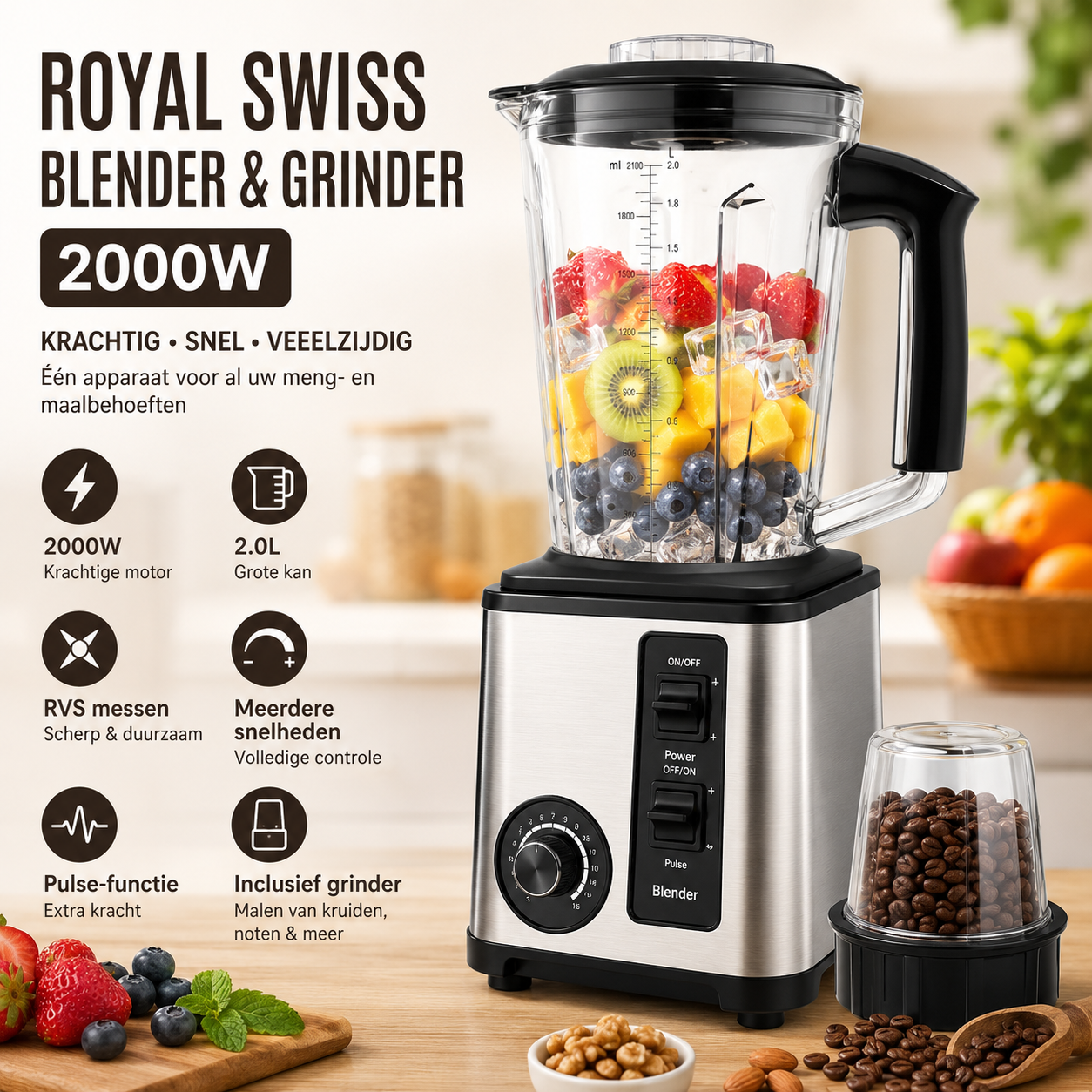 Royal Swiss Blender & Grinder 2000W – Professionele Power Blender met Grinder – 2.0L Glazen Kan – RVS Behuizing – Smoothies, IJs, Noten & Kruiden