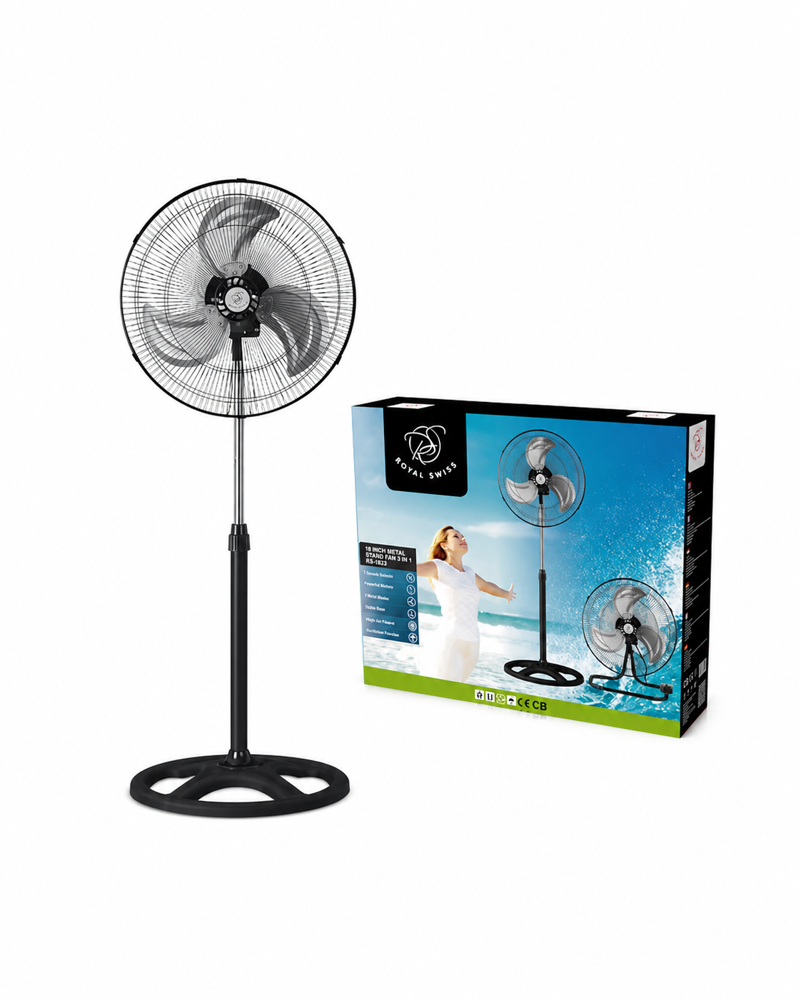 Royal Swiss FS-1828 Metalen Staande Ventilator 18 Inch – 3-in-1 Vloerventilator – 3 Snelheden – In Hoogte Verstelbaar – Oscillatie – Zwart