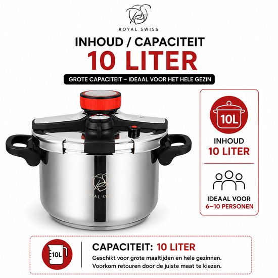 Royal Swiss Snelkookpan – 10 Liter - RVS Drukpan met Kooksignaal | 3-in-1 Koken, Alle Warmtebronnen