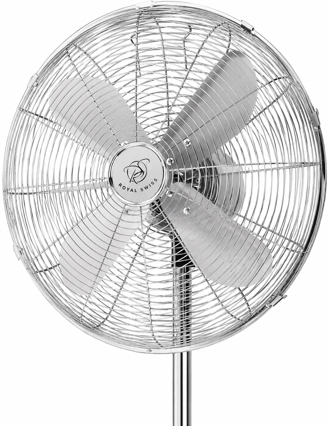 Royal Swiss® Statiefventilator 40 cm / 16 Inch – Metalen Staande Ventilator 50W – In Hoogte Verstelbaar – 3 Snelheden – Oscillatiefunctie – Zilver