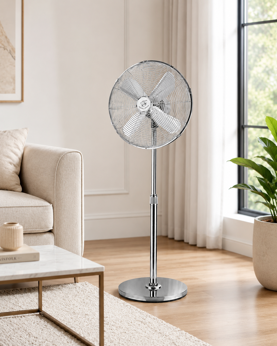 Royal Swiss® Statiefventilator 40 cm / 16 Inch – Metalen Staande Ventilator 50W – In Hoogte Verstelbaar – 3 Snelheden – Oscillatiefunctie – Zilver