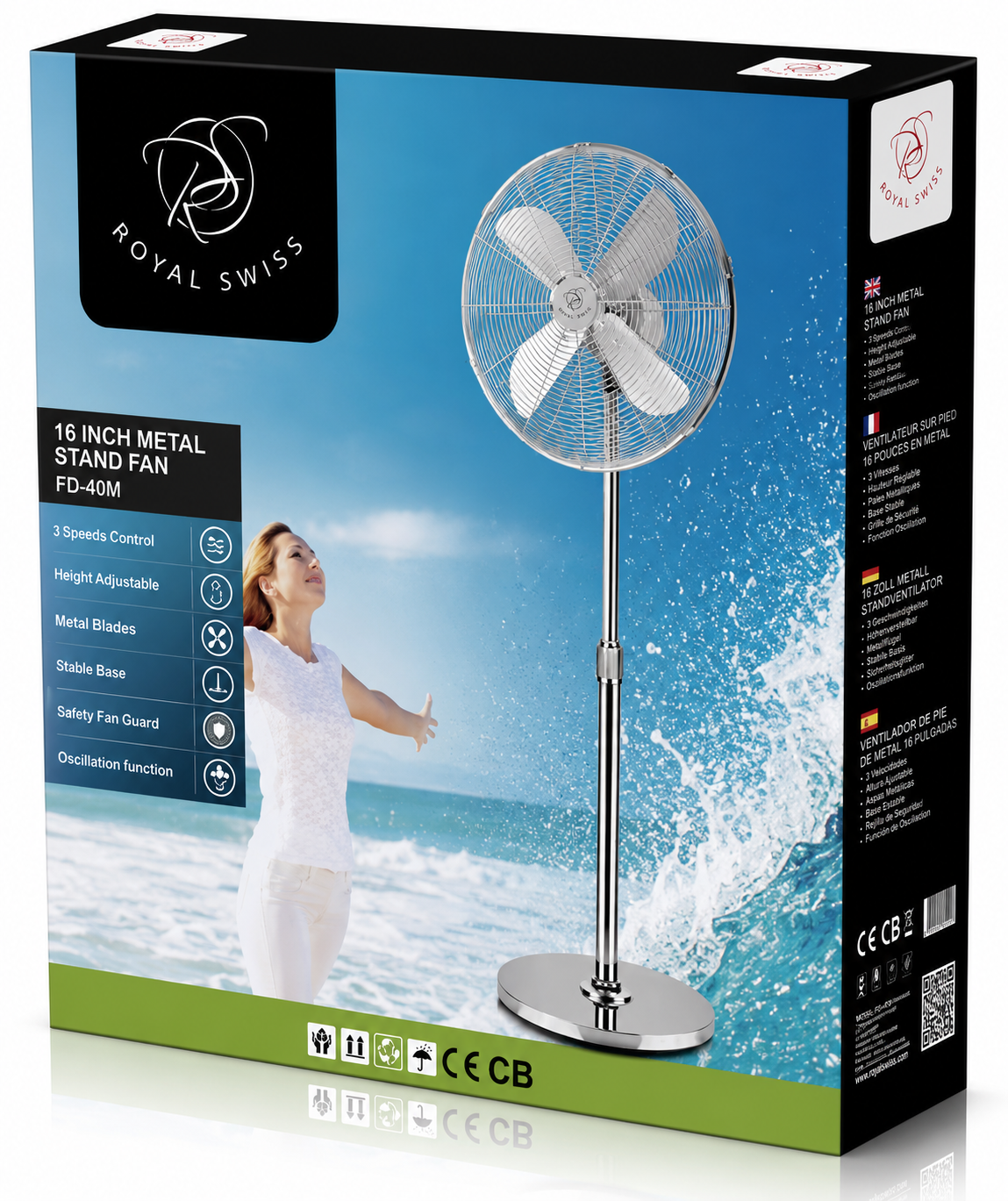 Royal Swiss® Statiefventilator 40 cm / 16 Inch – Metalen Staande Ventilator 50W – In Hoogte Verstelbaar – 3 Snelheden – Oscillatiefunctie – Zilver
