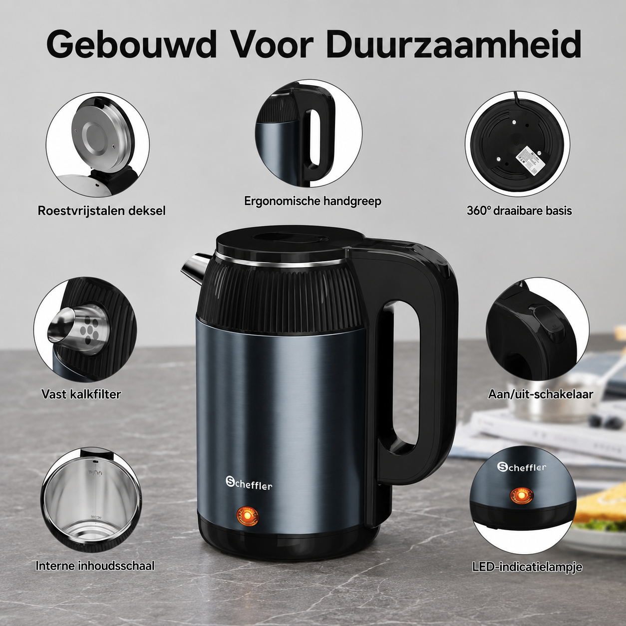 Scheffler Homelux Waterkoker 2,2L – 1500W Elektrische Waterkoker – RVS Binnenkant – 360° Draaivoet – Retro Design