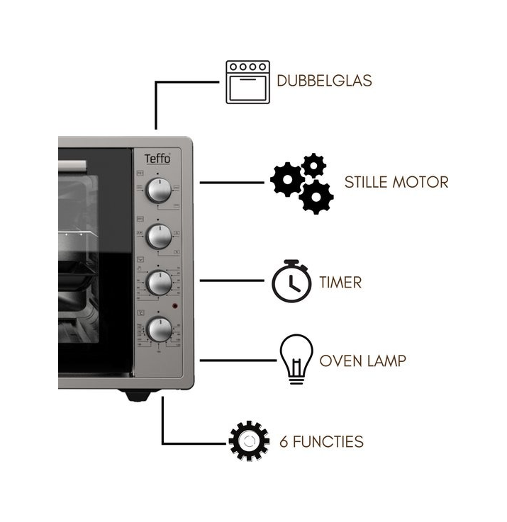 Teffo Vrijstaande Oven 42 Liter – 2000W – Hetelucht Turbo-fan – Elektrische Oven – Grijs