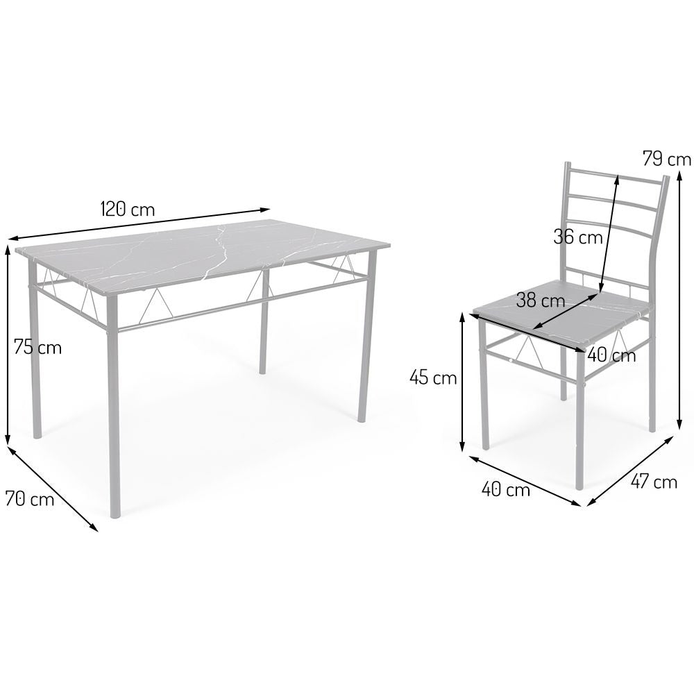 Eettafel Set met 4 Stoelen – 5-delige Eethoek – Zwart Metaal & Marmerlook Tafel