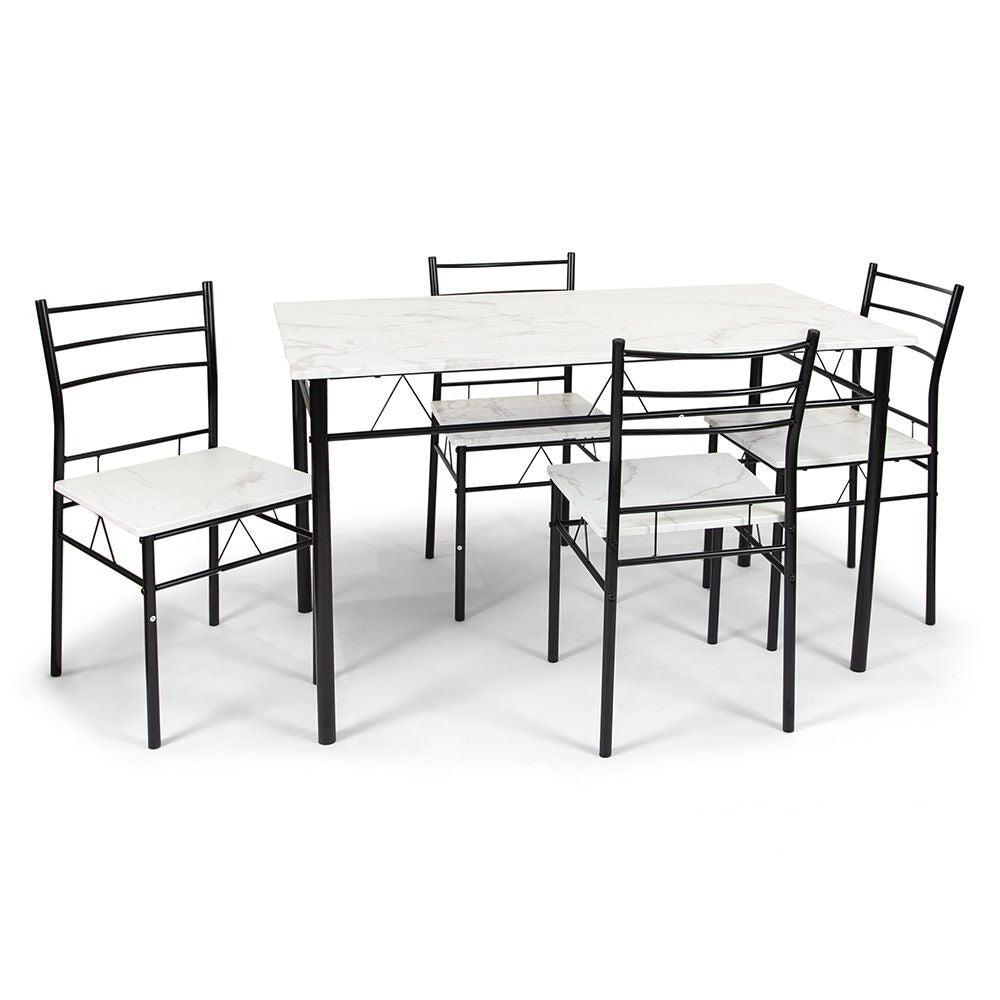 Eettafel Set met 4 Stoelen – 5-delige Eethoek – Zwart Metaal & Marmerlook Tafel
