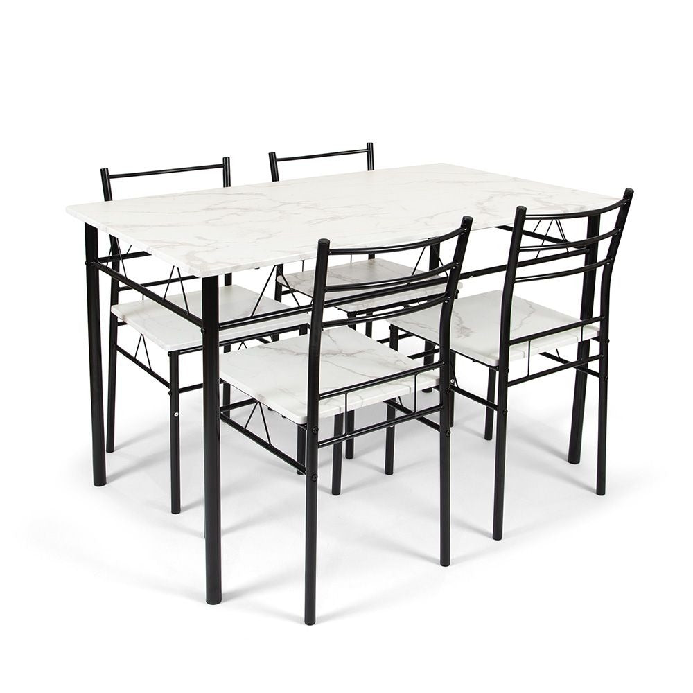 Eettafel Set met 4 Stoelen – 5-delige Eethoek – Zwart Metaal & Marmerlook Tafel