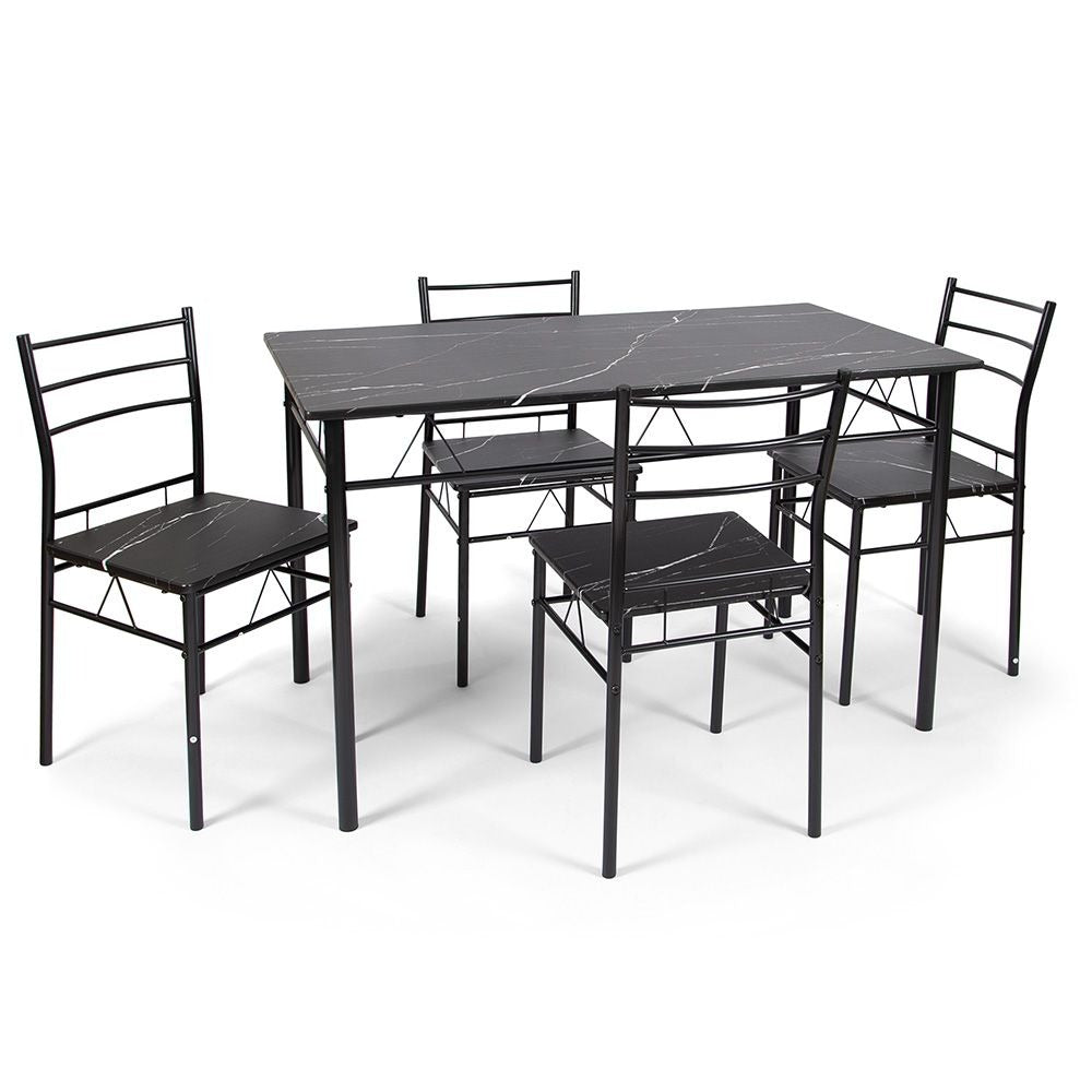 Eettafel Set met 4 Stoelen – 5-delige Eethoek – Zwart Metaal & Marmerlook Tafel